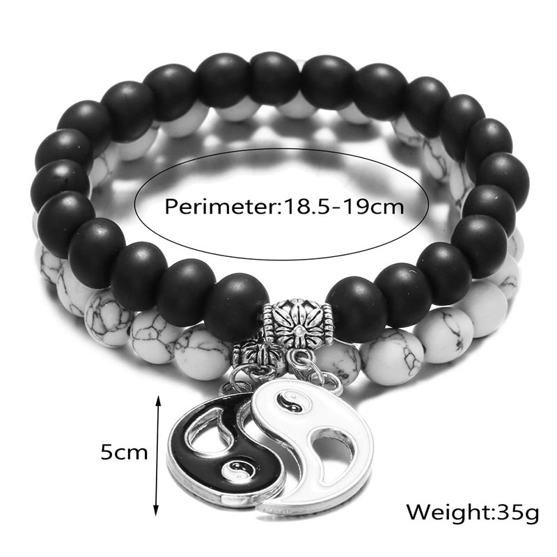 Unisex Yin Yang Bracelet Set with Black Onyx and White Turquoise Beads