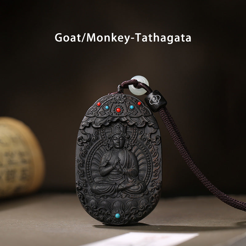 Chinese Zodiac Agarwood Necklace with Om Mani Padme Hum Pendant