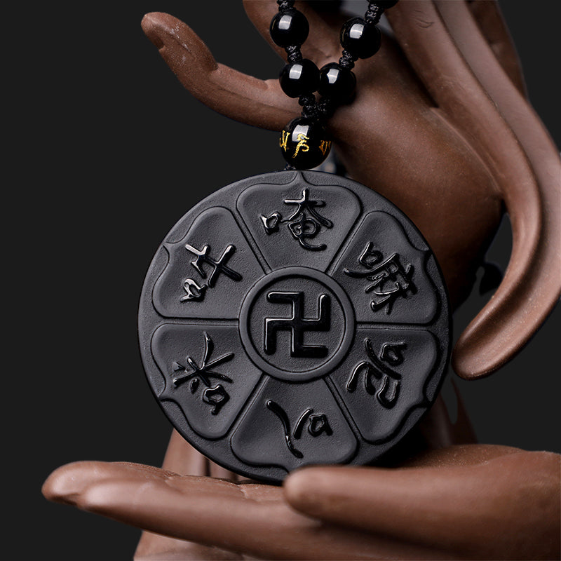 Black Obsidian Om Mani Padme Hum Necklace for Spiritual Luck