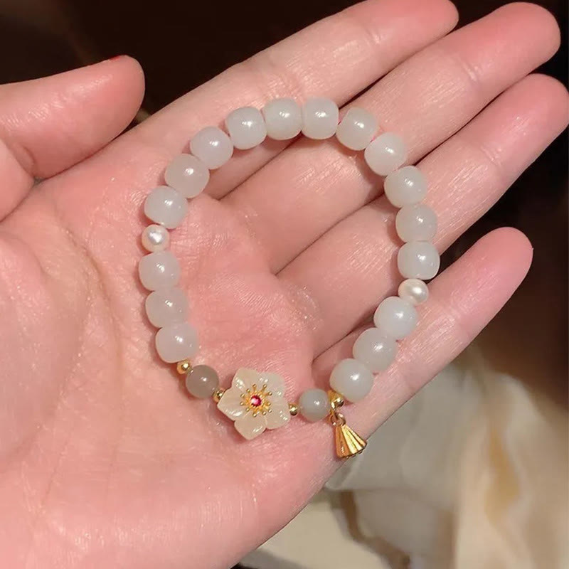 Jade Pearl Luck & Blessing Bracelet with Peach Blossom Flower