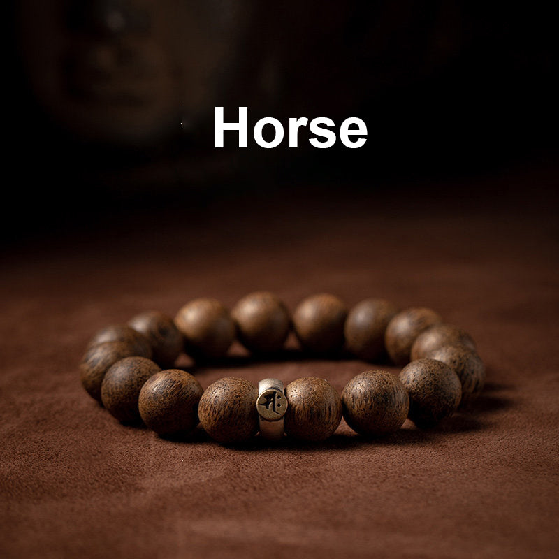 Natural Agarwood Chinese Zodiac Peace Bracelet 12mm Beads