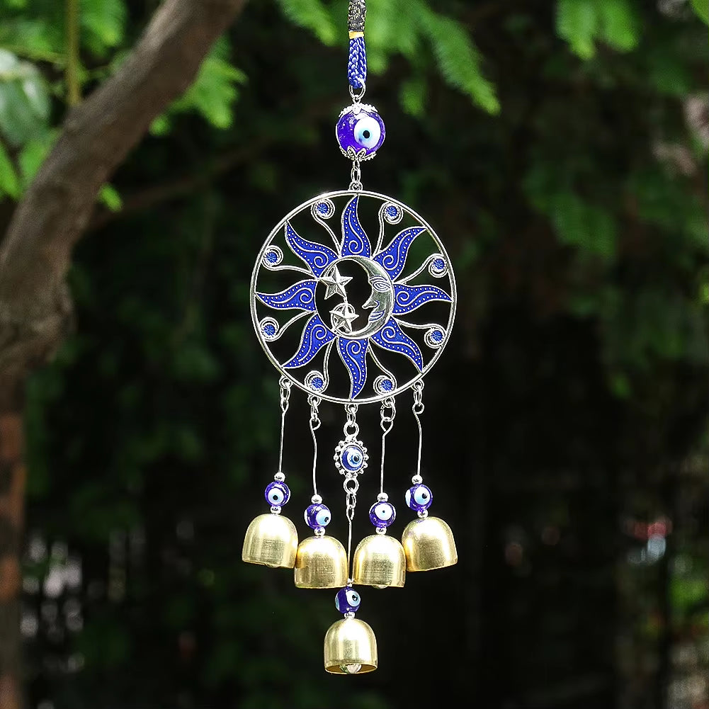 Turkish Blue Eye Wind Chimes Sun Moon Amulet Protection Wind Music Bell Hanging Decor Lucky Feng Shui Car Pendant outside Garden