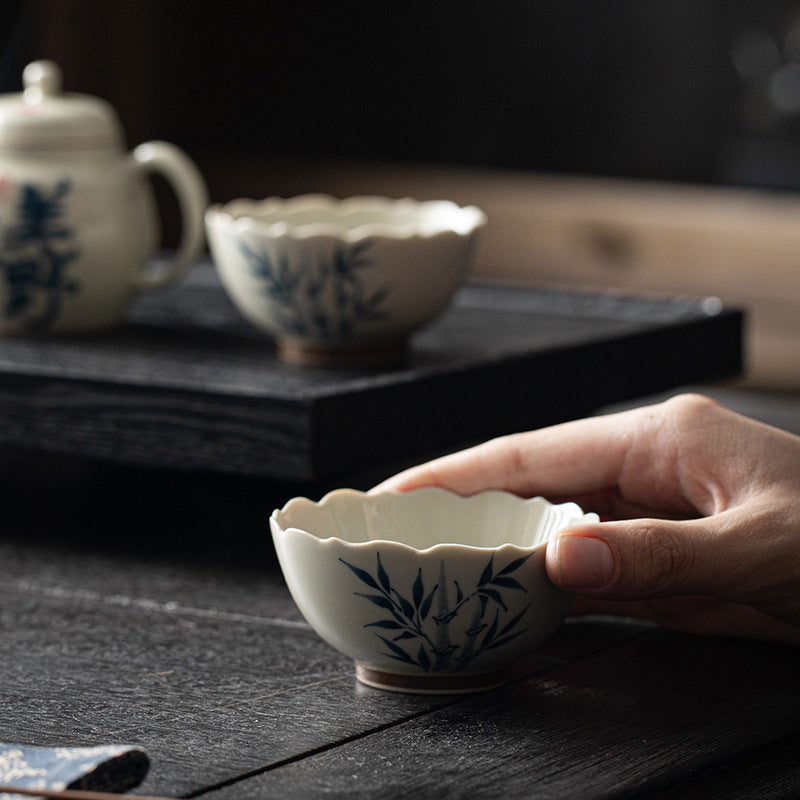 Small Blue Bamboo Leaves Ceramic Teacup for Kung Fu Tea Rituals