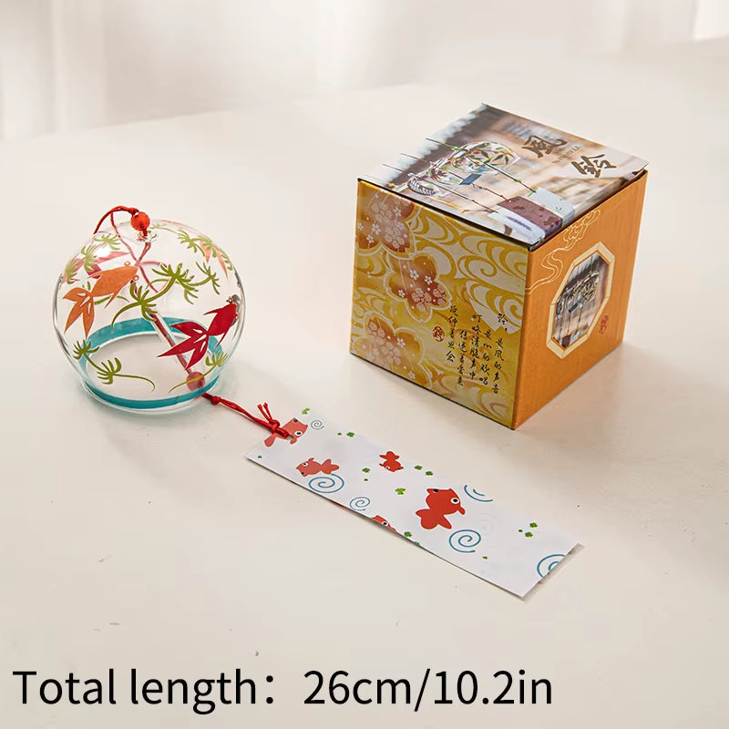 Decorative Japanese Glass Wind Chimes with floral patterns, packaging, and bookmark