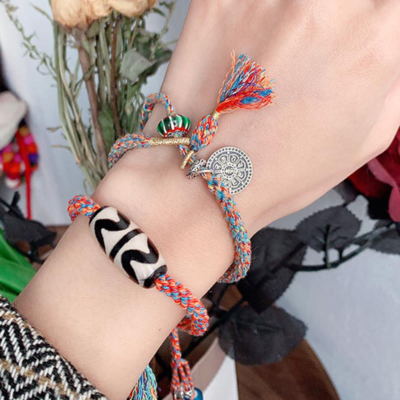 Om Mani Padme Hum Bracelet | Tibetan Dzi Bead Silver Braid