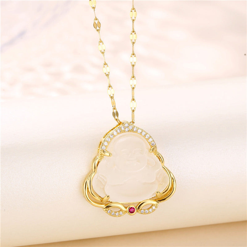 Natural Jade Laughing Buddha Necklace for Peace & Prosperity