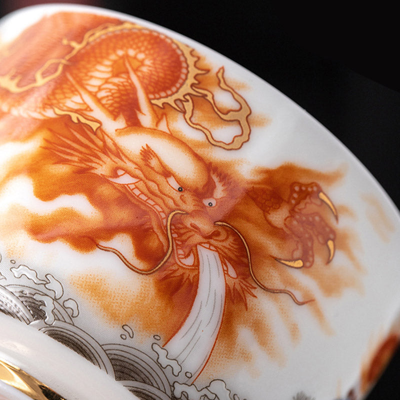Gilt Ceramic Dragon Phoenix Crane Teacup 170ml Spiritual