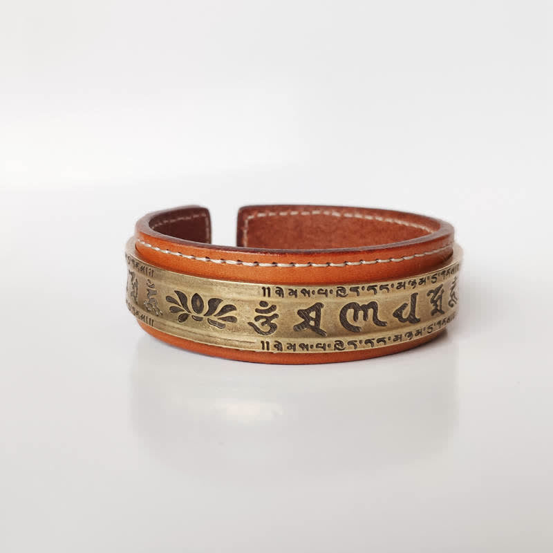 Om Mani Padme Hum Copper Leather Peace Cuff Bracelet Unisex