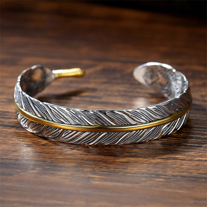 Copper Feather Pattern Carved Luck Wealth Cuff Bracelet