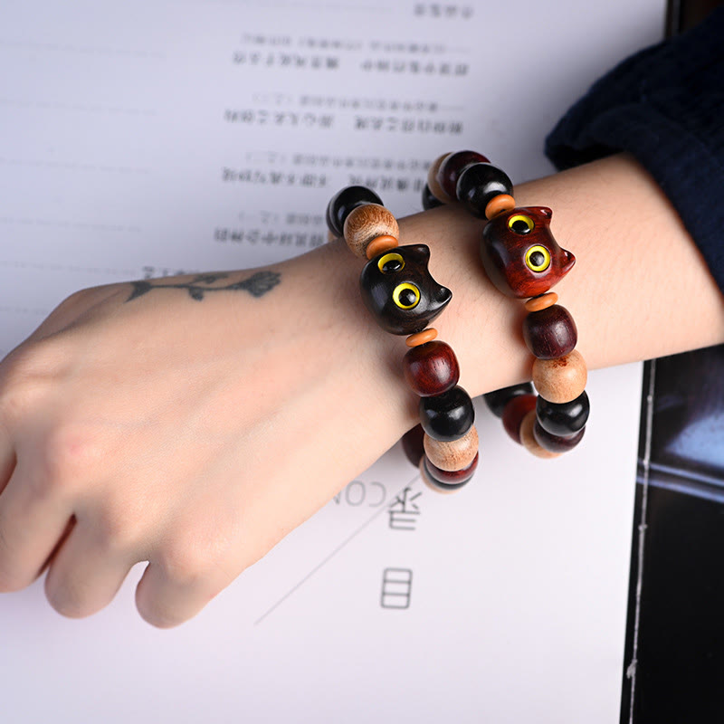 Ebony Wood Protection Bracelet with Small Leaf Red Sandalwood Cat Charm