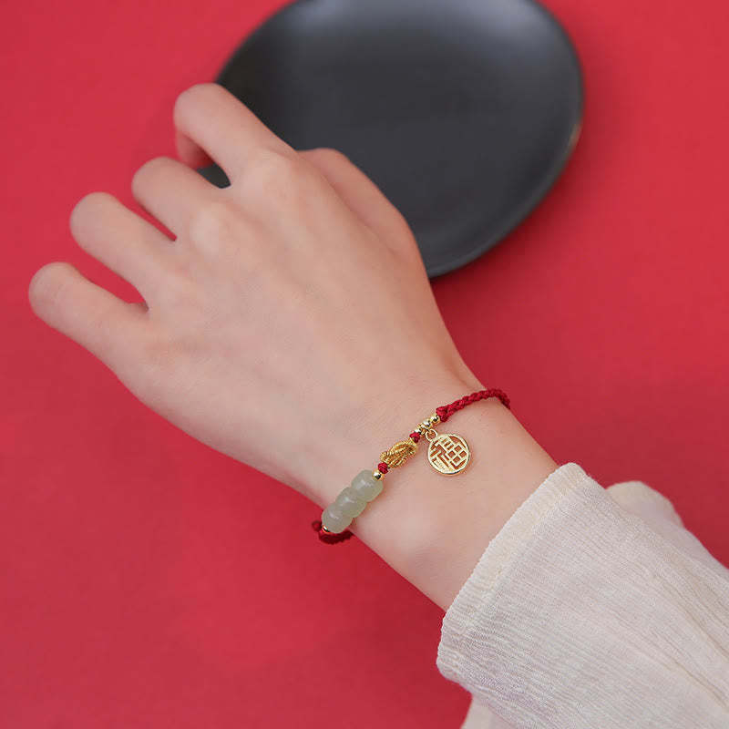Jade Bead Bracelet with Fu Charm on Red Rope for Luck & Prosperity