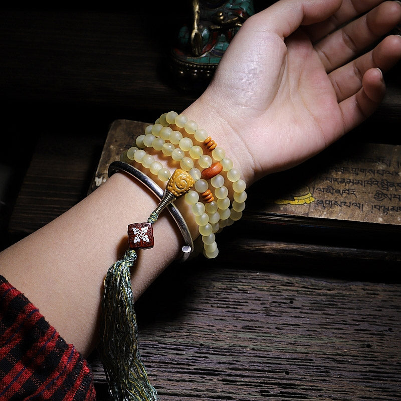 8mm Sheep Horn Amber Luck Gemstone Mala Bracelet
