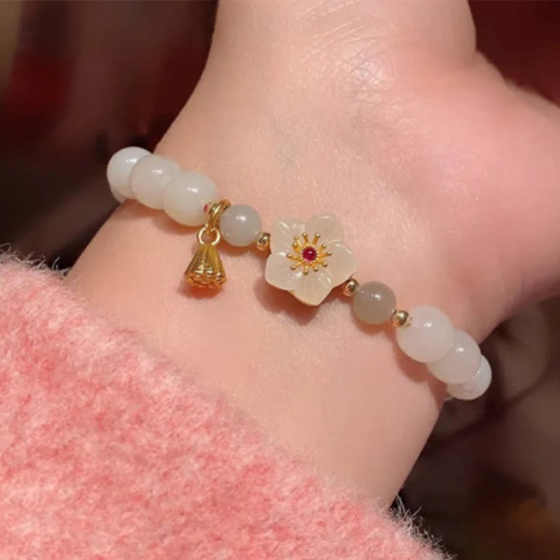 Jade Pearl Luck & Blessing Bracelet with Peach Blossom Flower