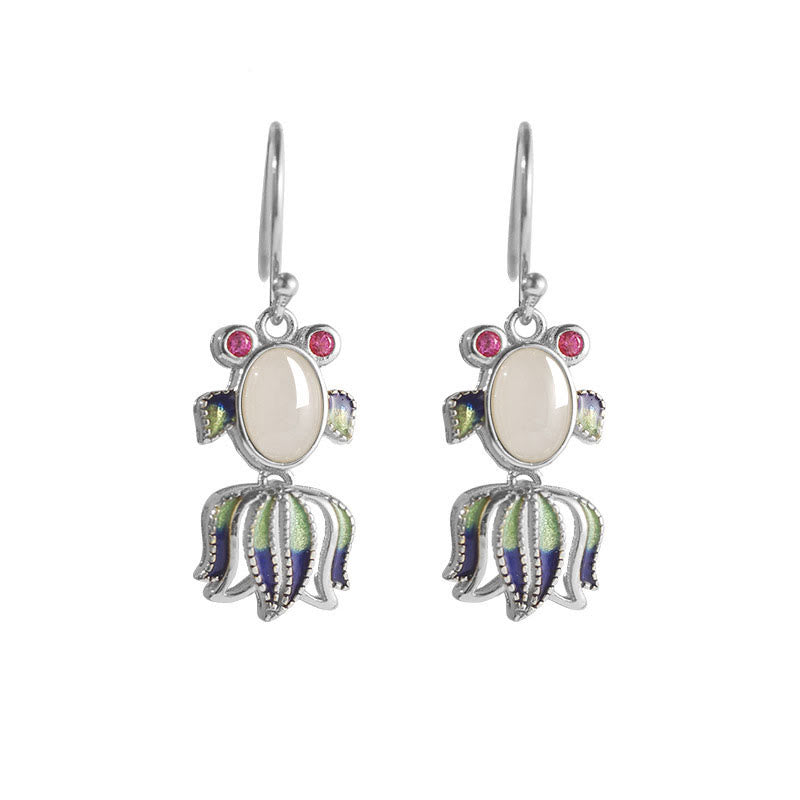 Silver Hetian White Jade Red Agate Fish Drop Earrings