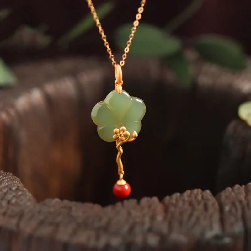 Prosperity Jade Necklace with Red Agate | Vintage Plum Blossom