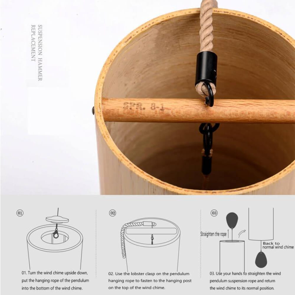 Wooden pendulum clock mechanism with instruction diagrams for Bamboo 9-Tone Wind Chime