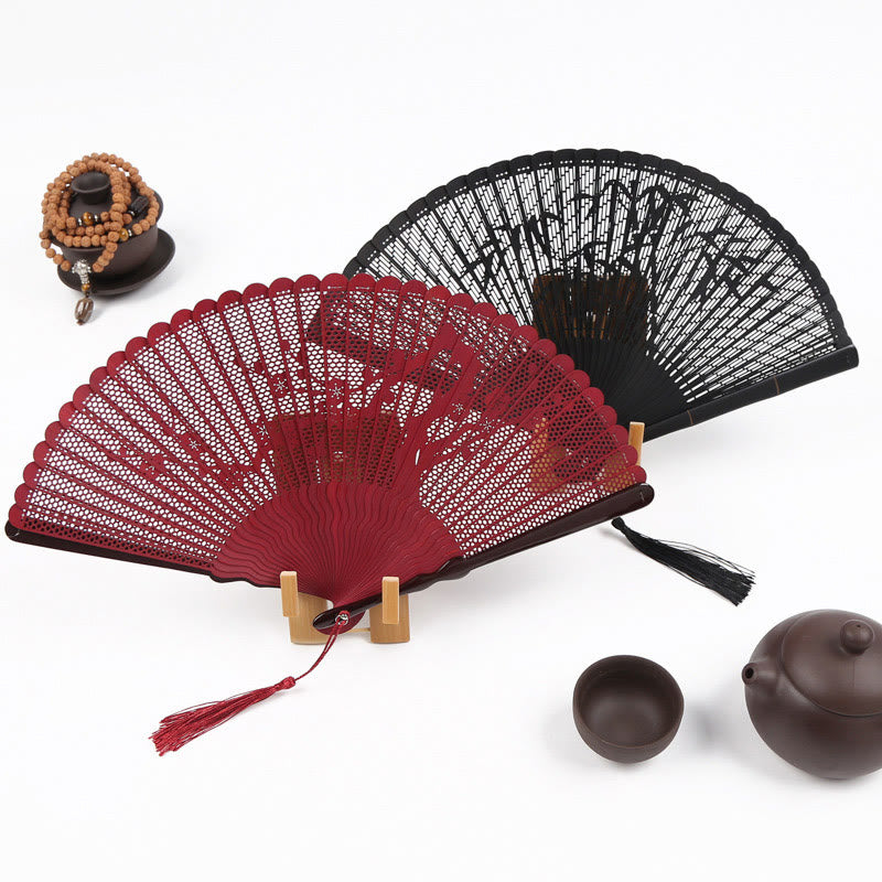 Bamboo Hollow Engraving Folding Fan 20cm Handmade Artistry
