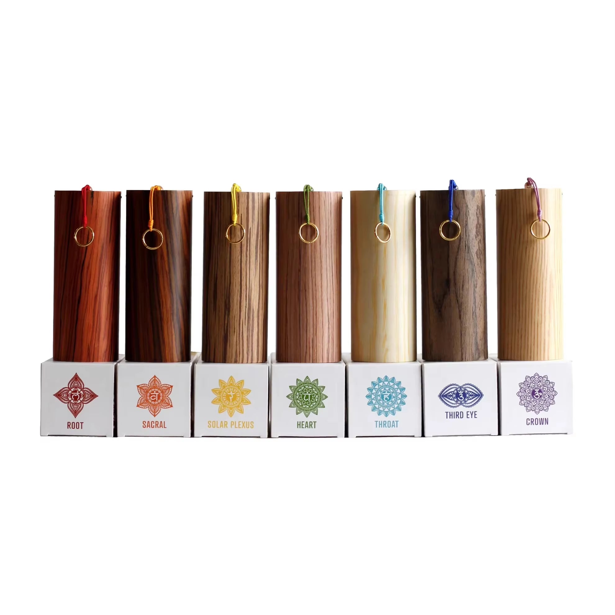 Seven wooden file holders with chakra symbols in rainbow order for Bamboo Koshi Wind Chimes