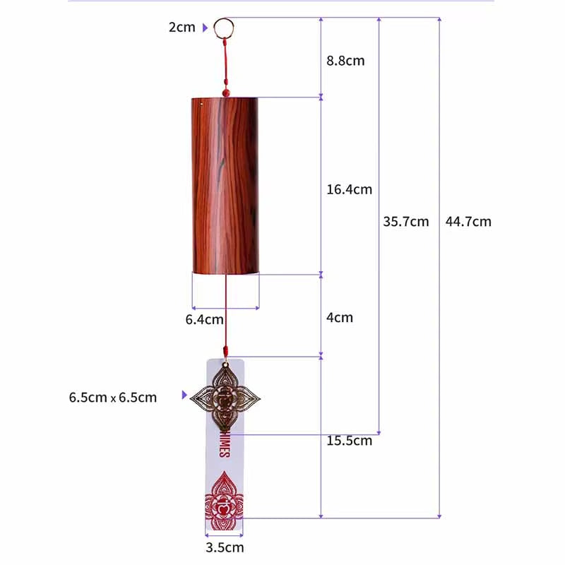 Cylindrical Bamboo Koshi Wind Chime with chakra designs and measurements indicated