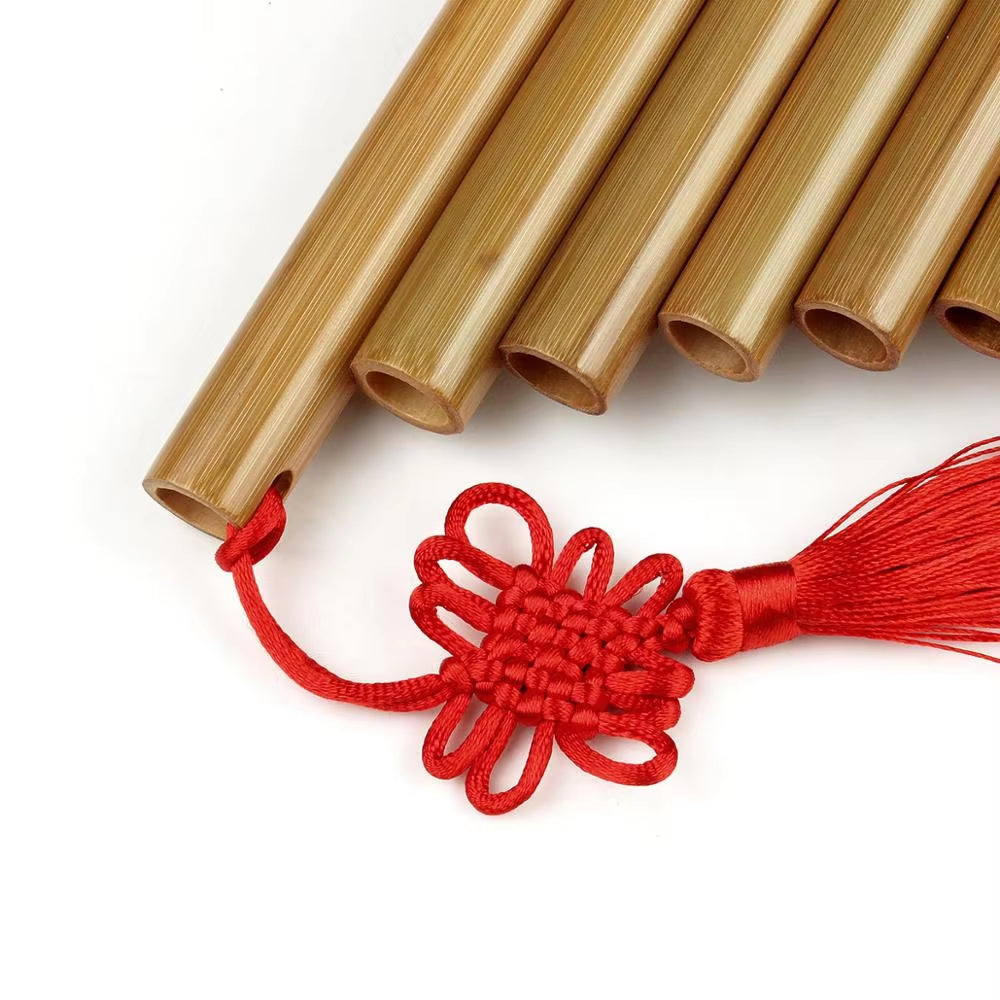 Bamboo Pan Flute C Key with decorative red Chinese knot tassel for traditional music