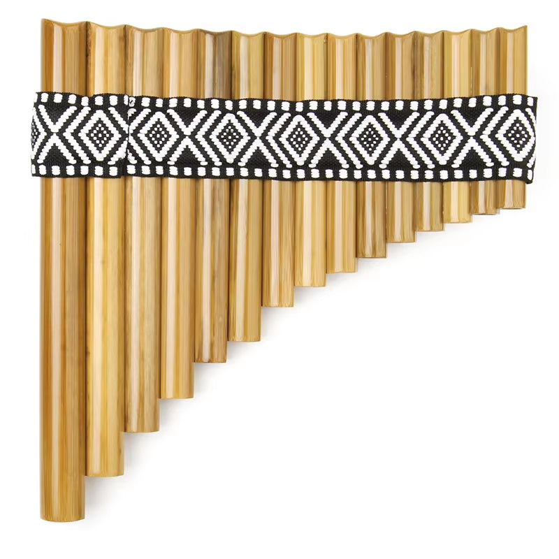 Bamboo Pan Flute G Key with black and white geometric patterned band, handmade 15 pipes