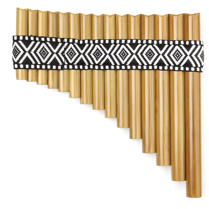 Bamboo Pan Flute G Key with Black and White Geometric Patterned Band 15 Pipes