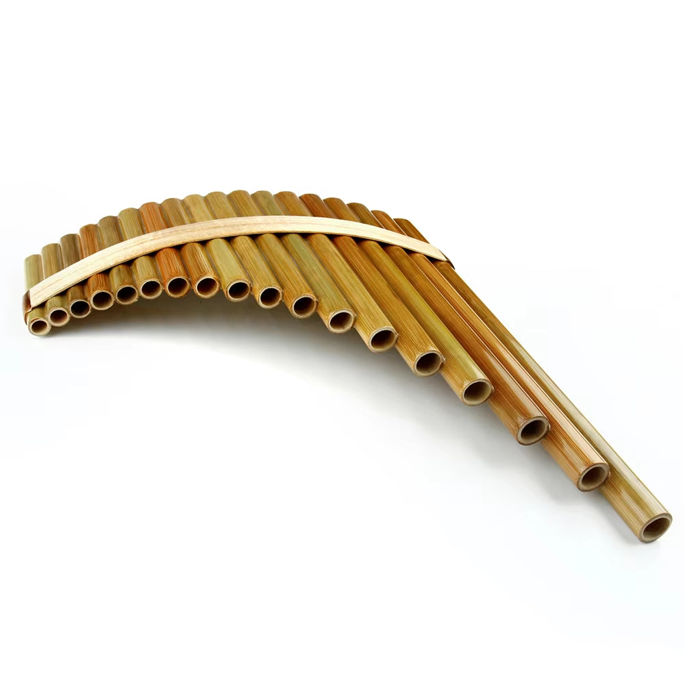 Curved bamboo pan flute with 18 tubes in descending order, tuned to F Key