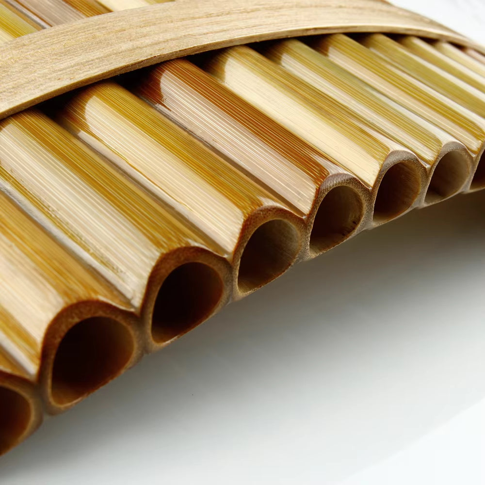 Bamboo Pan Flute Instrument with 18 pipes arranged in a row, key of F