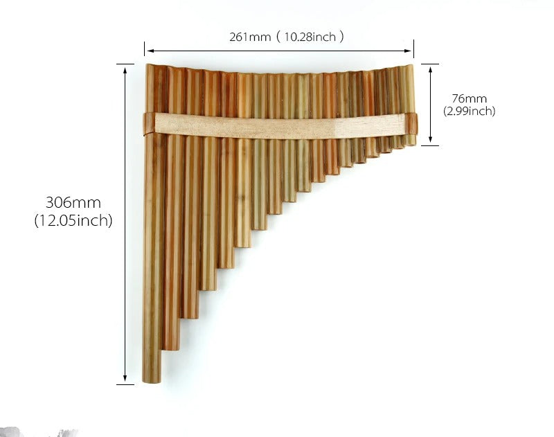 Bamboo Pan Flute Instrument with 18 pipes arranged by descending length in F Key