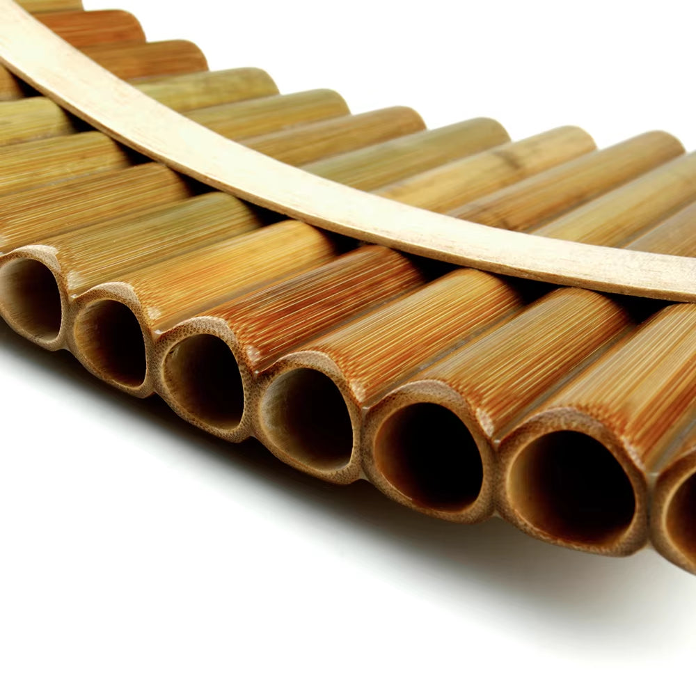 Bamboo Pan Flute Instrument with 18 pipes in F key, crafted from natural bamboo tubes