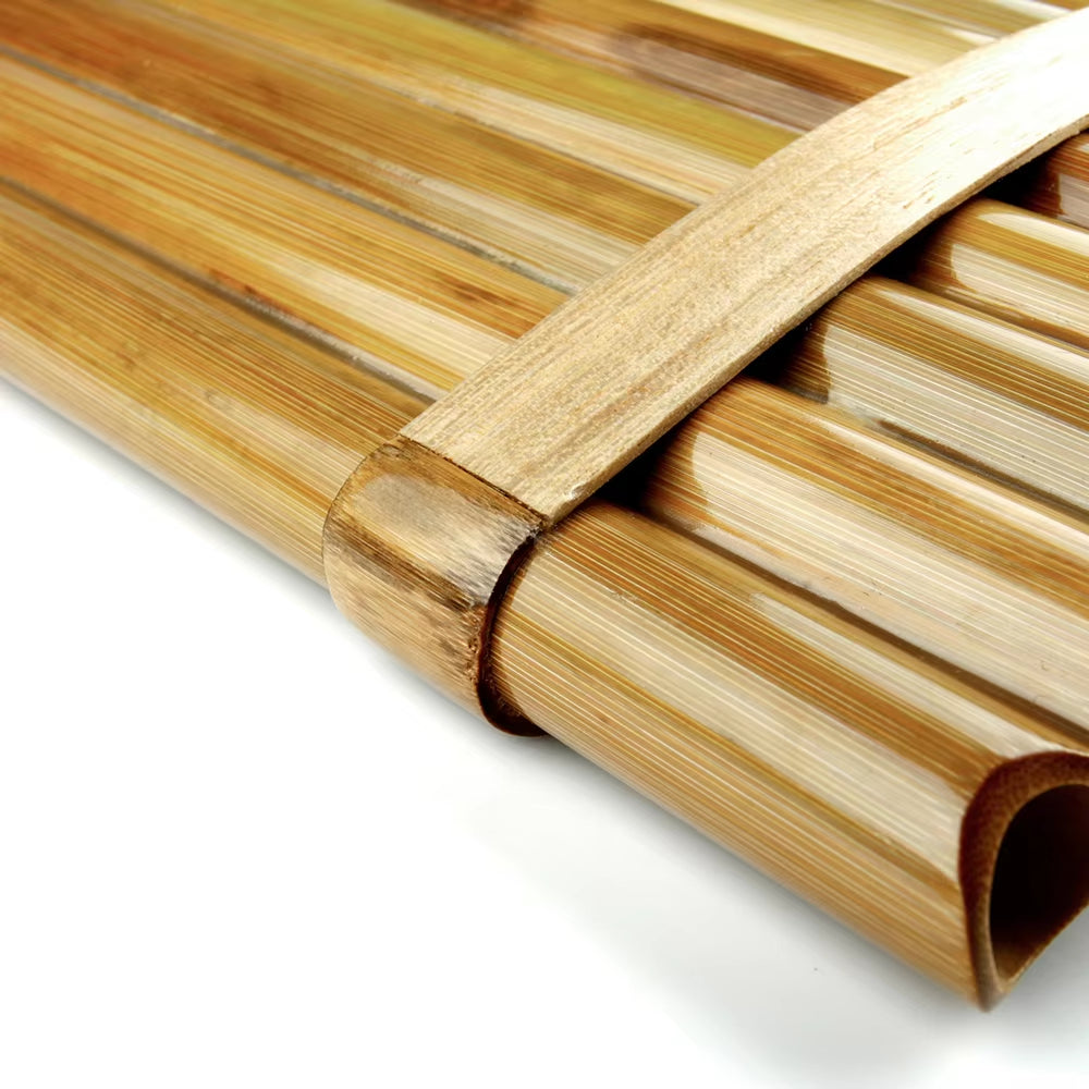 Rolled bamboo mat with natural wood tones showcasing Bamboo Pan Flute Instrument F Key