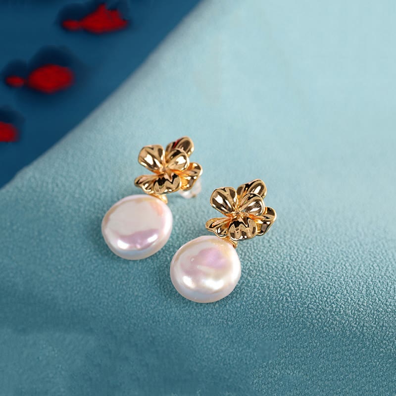 Baroque Pearl Flower Healing Drop Earrings in 925 Sterling Silver
