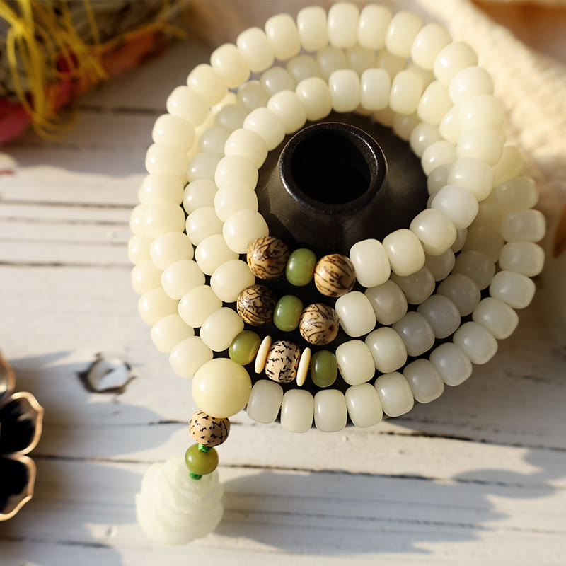 7x9mm White Jade Bodhi Lotus Mala Harmony Bracelet