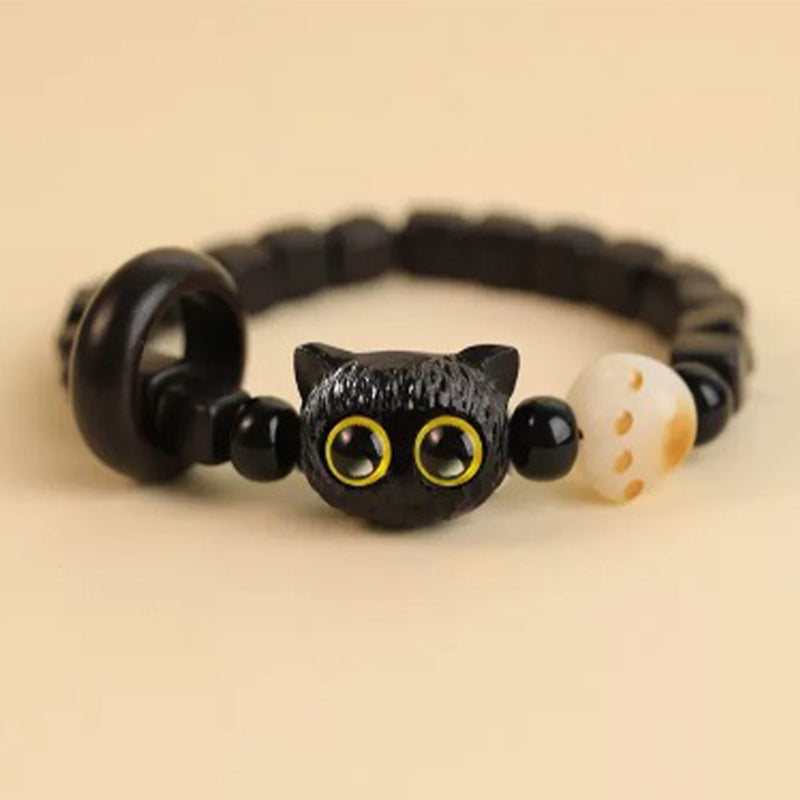 Ebony Wood Cat Head 8mm Bracelet for Peace & Balance