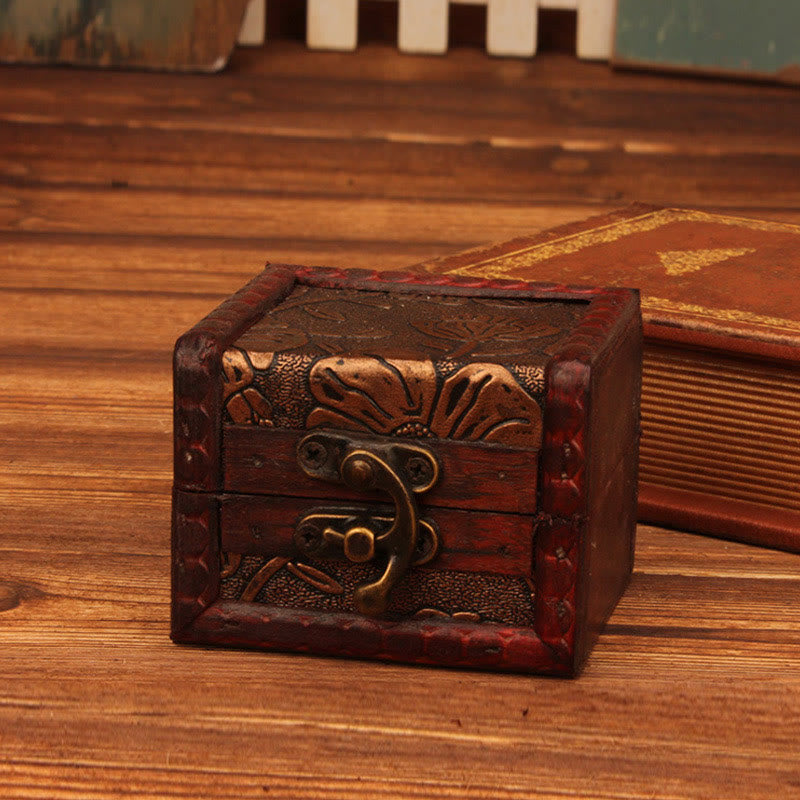 Retro Small Square Wood Jewelry Box with Lotus Design