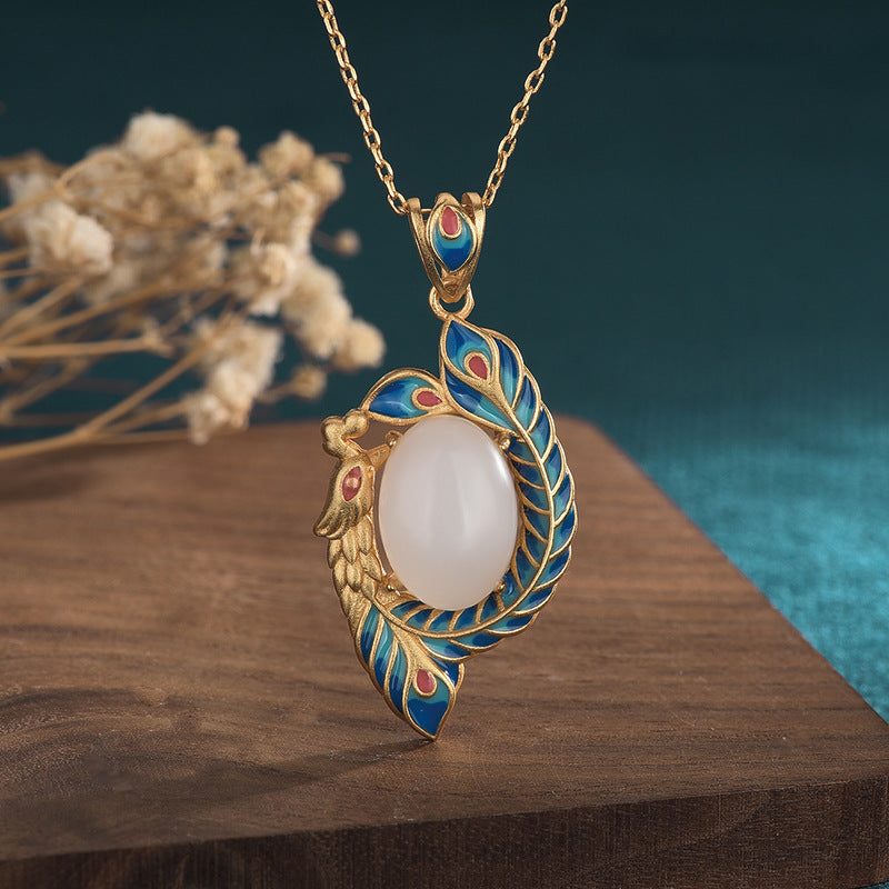 White Jade Peacock Blessing Necklace for Protection & Luck