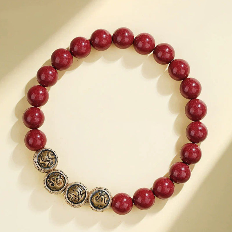 8mm Sterling Silver Cinnabar Four Beasts Blessing Bracelet