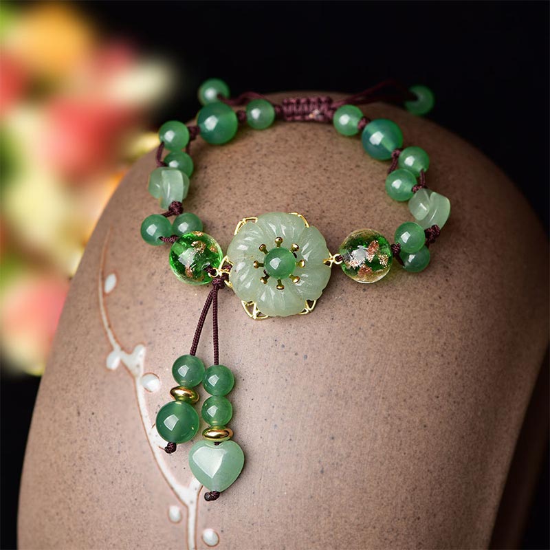 Unisex Green Jade Luck Flower Charm Bracelet 6-10mm Beads
