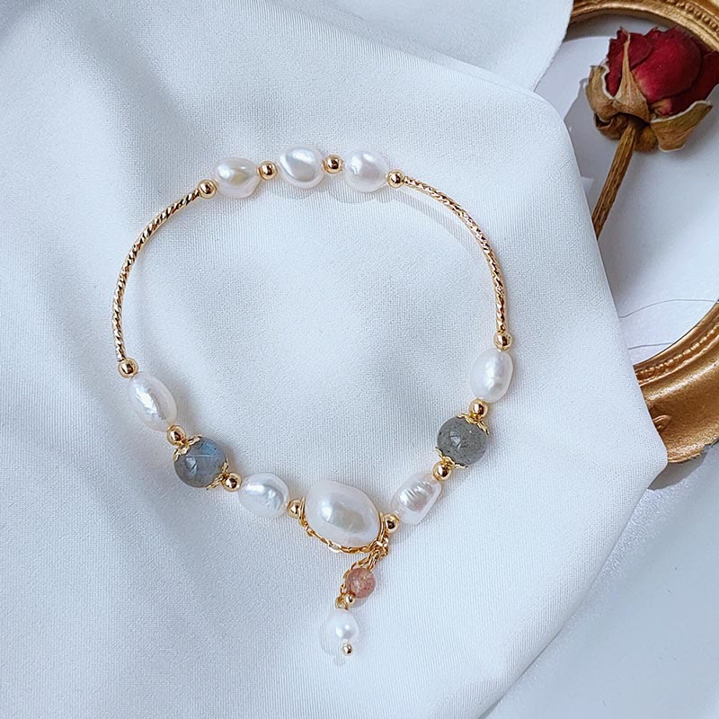 Pearl Moonstone Optimism Bracelet with Strawberry Quartz Beads