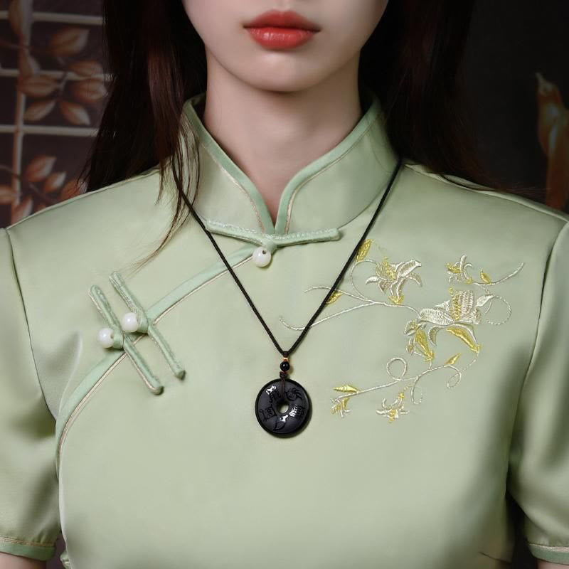 Black Obsidian Peace Buckle Necklace with Five Sacred Mountains Pendant