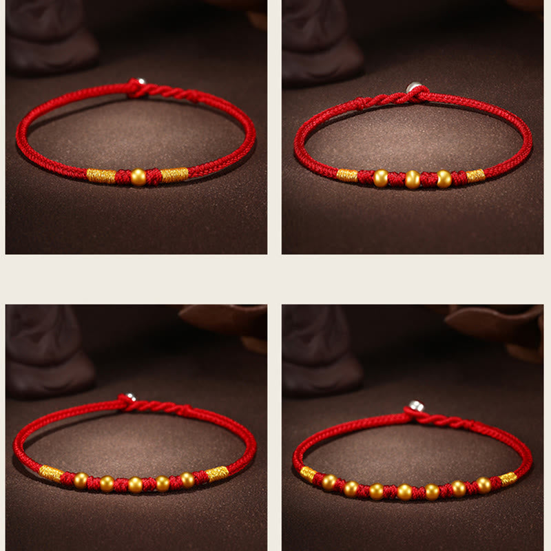 Handmade Red String Bracelet with 999 Gold Beads and King Kong Knot for Protection