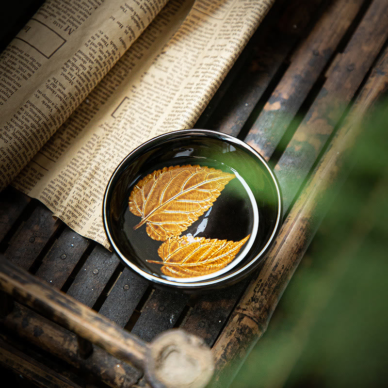 Gold Maple Leaf Jian Zhan Tenmoku Ceramic Teacup 120ml