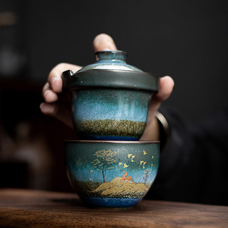Ceramic Tea Cup with Deer and Cat Design for Spiritual Serenity