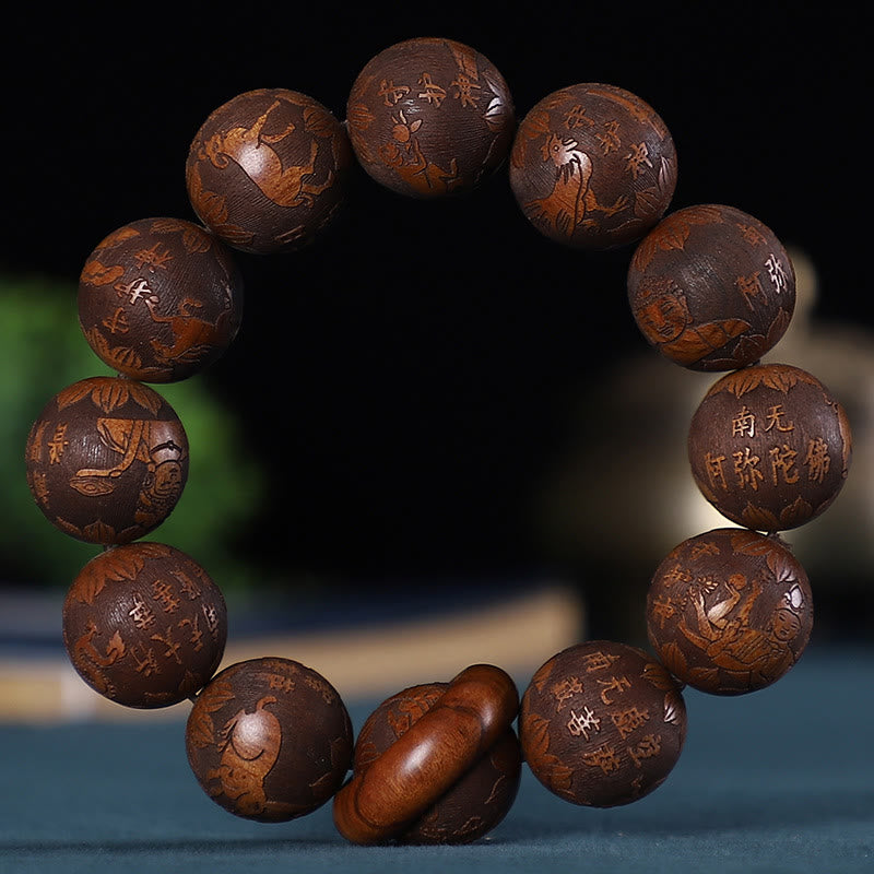 Rosewood Chinese Zodiac Bracelet with Carved Copper Coin for Calm