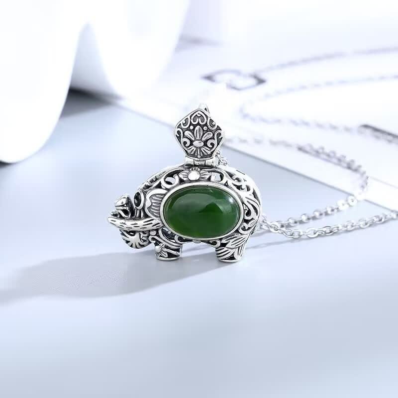 925 Sterling Silver Hetian Cyan Jade Elephant Success Pendant Necklace