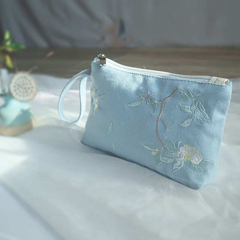 Canvas Wallet with Plum Cherry Crane Embroidery | Compact 21x13cm