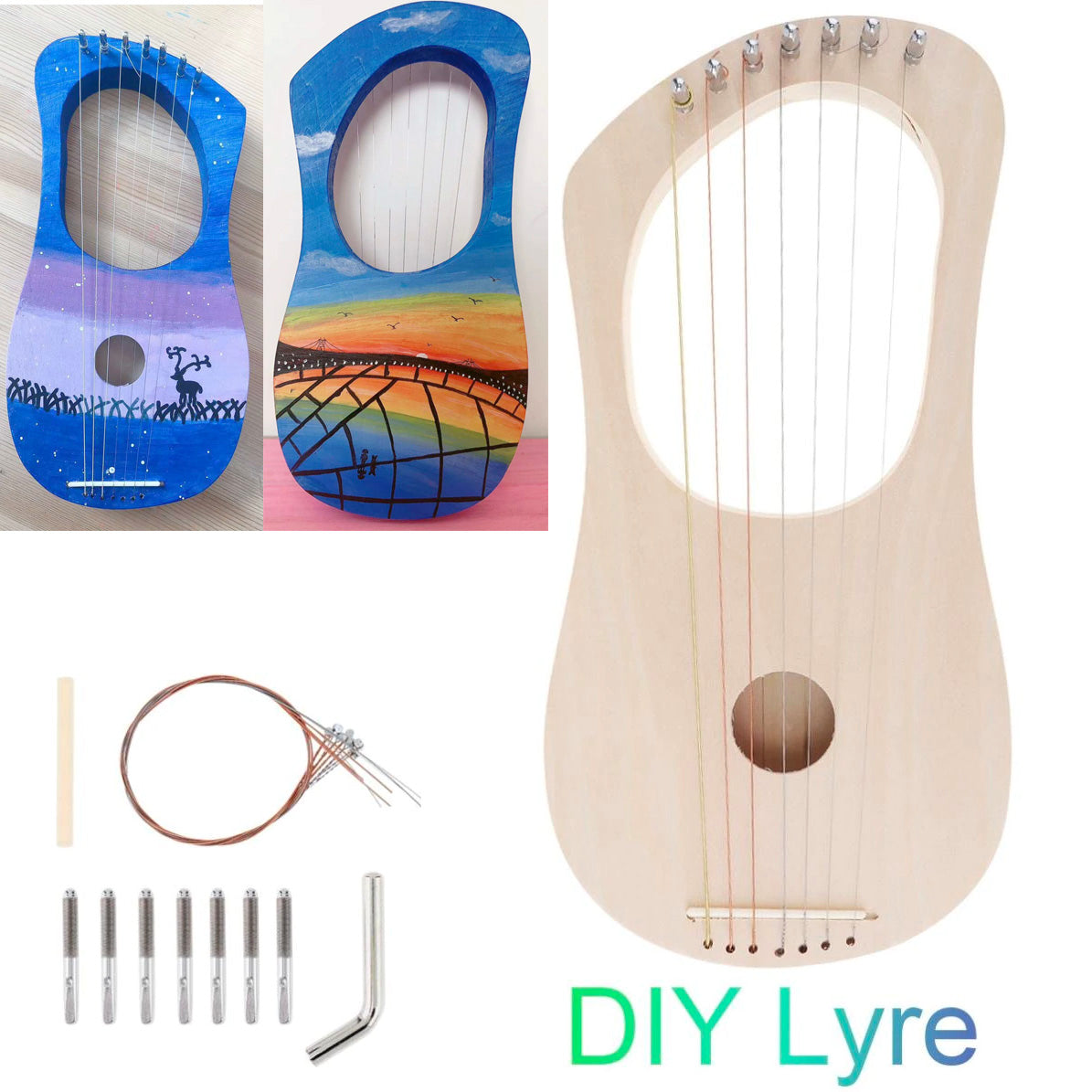 Wooden lyre-style musical instrument with strings in Beginner Lyre Harp Kit DIY set