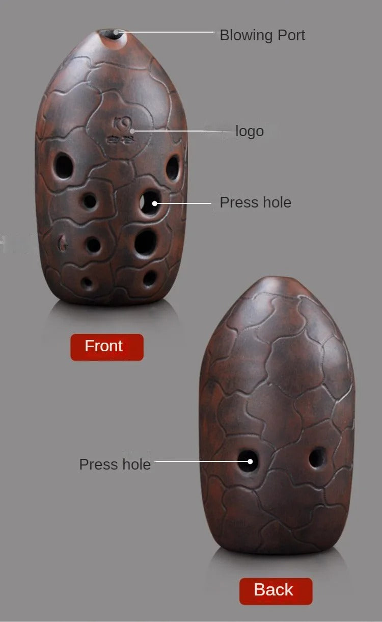 Brown ceramic ocarina with etched design and finger holes for Beginner Xun Instrument