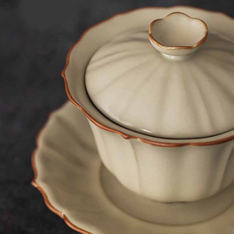 Beige Ceramic Gaiwan with Plum Blossom Design 120ml Tea Set
