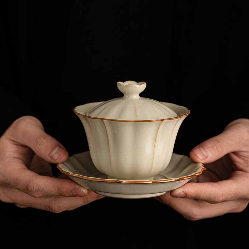 Beige Ceramic Gaiwan with Plum Blossom Design 120ml Tea Set